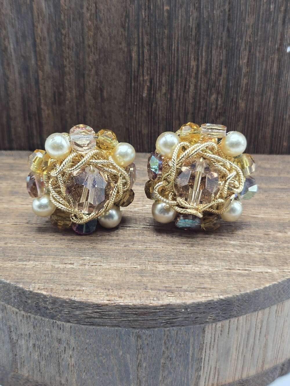 60's Beaded Faux Pearl Cluster Earrings Clip-On AB Crystal Gold Tone Statement